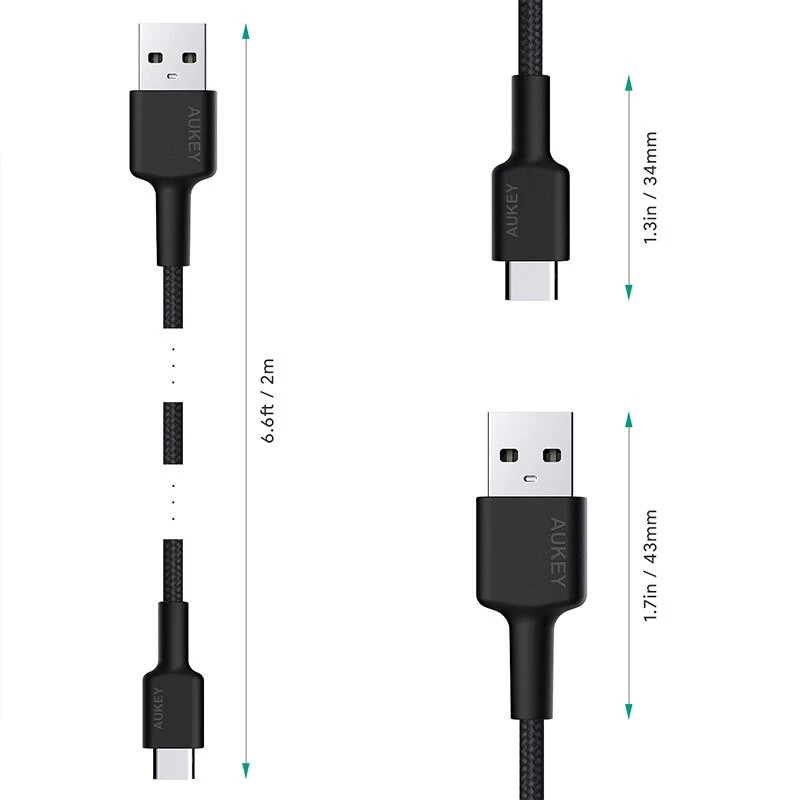 Aukey CB-CA2 OEM cavo da USB-C a USB-A, rivestimento in nylon intrecciato, 2 m, nero