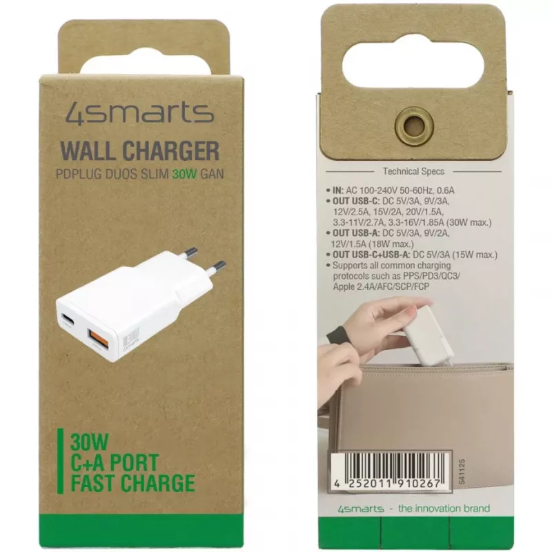 Caricabatterie 4smarts PDPlug Duos sottile smartphone tablet bianco AC ricarica rapida