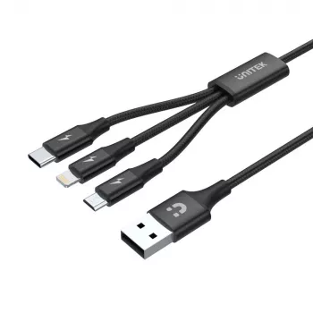 Cavo USB Unitek C14049BK — USB-C a Micro-USB B/Lightning, USB 2.0, 1,2 m, nero
