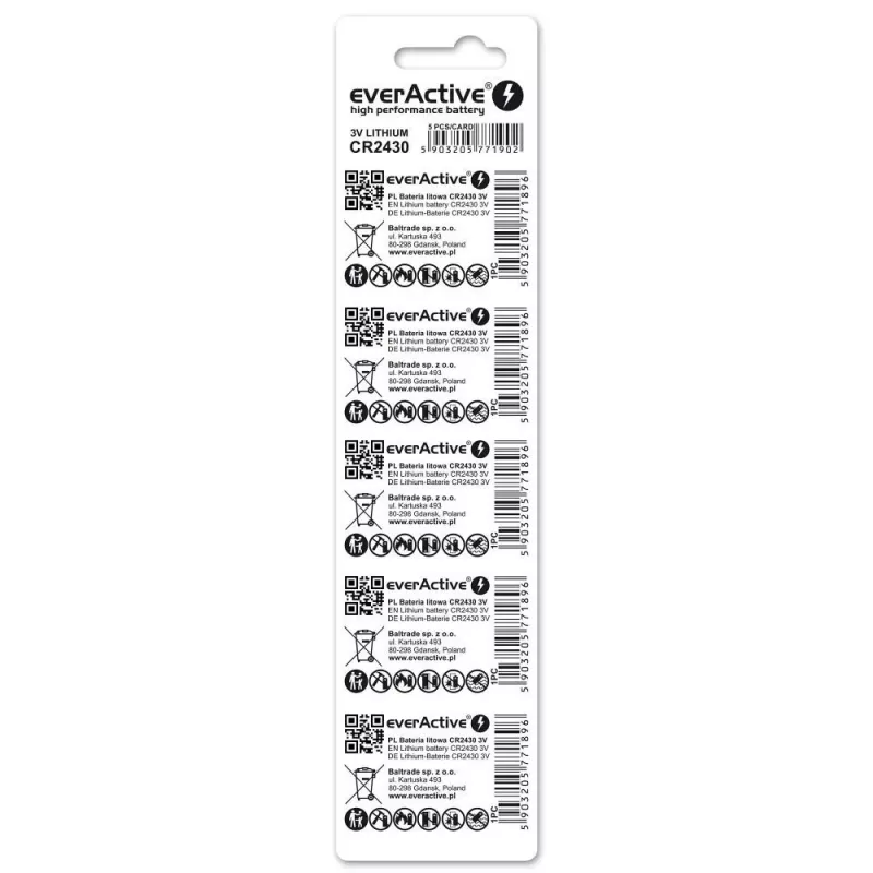everActive CR2430 CR24305BL batteria a bottone al litio 3 V, 300 mAh, confezione da 5