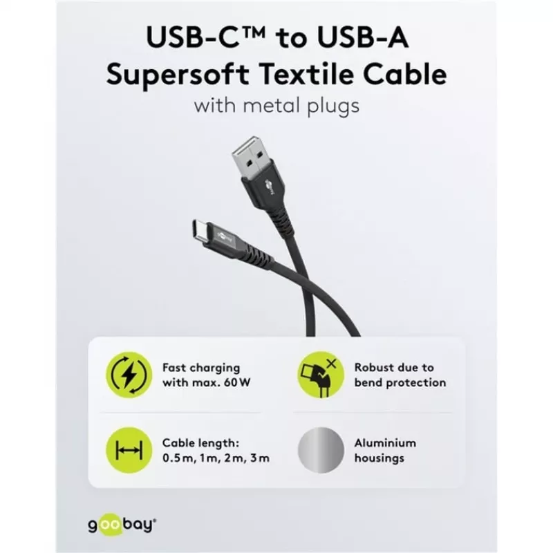 Cavo Goobay USB-C Fabric Supersoft con connettori in metallo, 2 m, nero (2m, USB 2.0, 60W), cavo USB