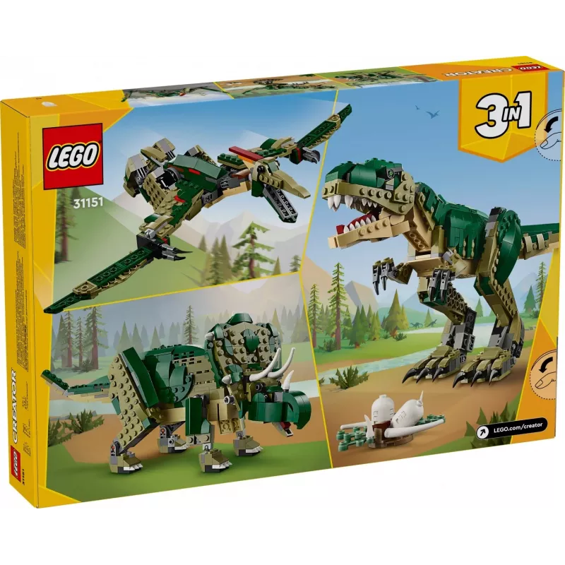 Giocattolo da costruzione LEGO Creator 3-in-1 kit T.Rex, 626 pezzi, 150 mm di altezza, età 9+