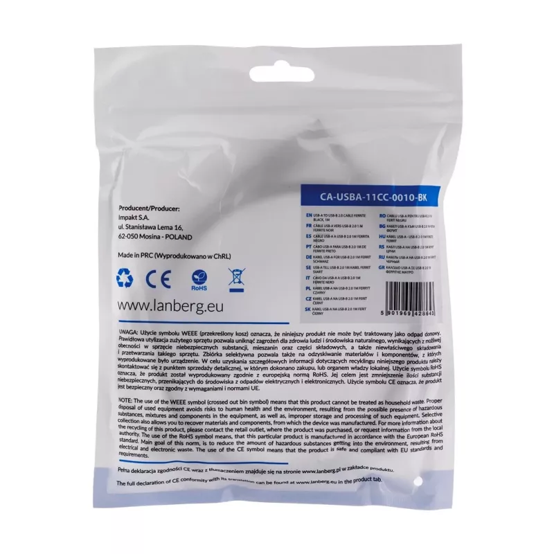 Lanberg CA-USBA-11CC-0010-BK cavo USB 1 m 2.0 USB B nero