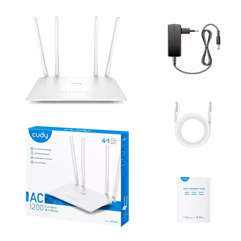 Router da tavolo Cudy WR1200 Dualband Wi‑Fi 5 (802.11ac) 867 Mbit/s, 4x RJ‑45 LAN, bianco