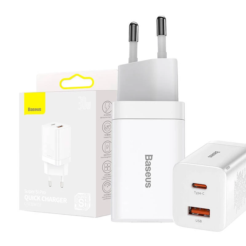 Baseus Super Si Pro caricabatterie rapido USB + USB-C 30W (bianco)