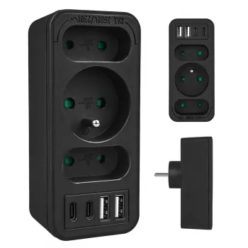 Power splitter MACLEAN MCE248 F/B — 3 prese AC (1x16A, 2x6A) e 4 porte USB (2xUSB‑A, 2xUSB‑C PD 20W), spina EU, nero