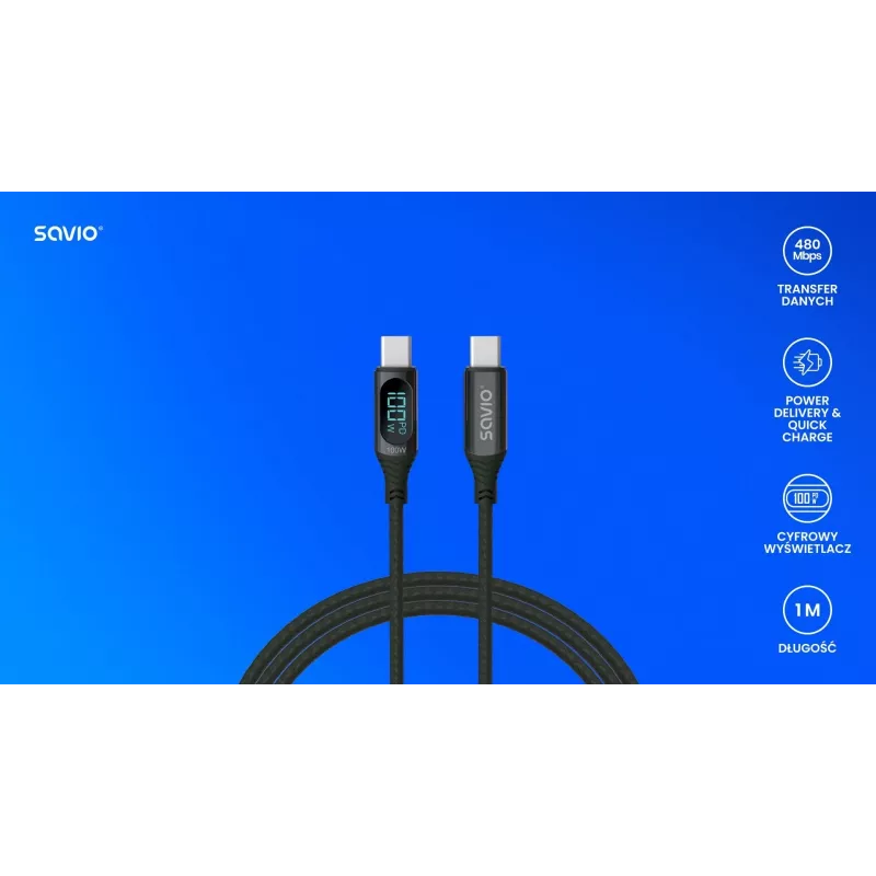 Savio CL-174 cavo USB-C - USB-C, 100 W, Power Delivery/Quick Charge, display digitale, 1 m, verde