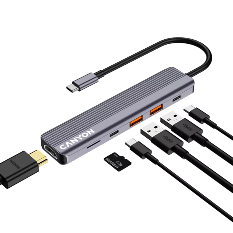 Hub USB Type-C CANYON DS-17 — HDMI, USB 3.2 Gen 1 A, USB-C, MicroSD, 10000 Mbit/s, grigio