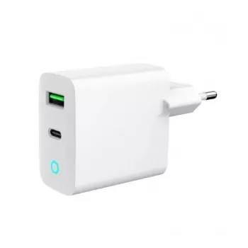 Caricabatterie da rete 220V GEMBIRD, universale, 1x USB Type-C PD 20 W, 1x USB-A 3.0 QC 18 W, indicatore LED, bianco
