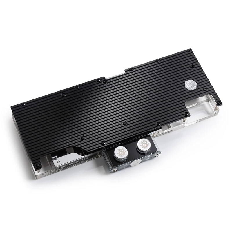 Waterblock e backplate per GPU BitsPower BP-VG3090EVXC3 — acrilico, rame, acciaio cromo-nichel, 125,4 × 263,7 × 25 mm