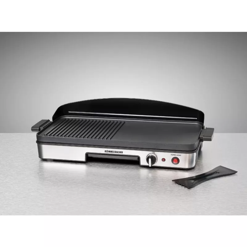 Griglia elettrica da tavolo Rommelsbacher BBQ 2003 — 1900 W, 50×25 cm, rigata + teppanyaki, termostato continuo, argento/nero
