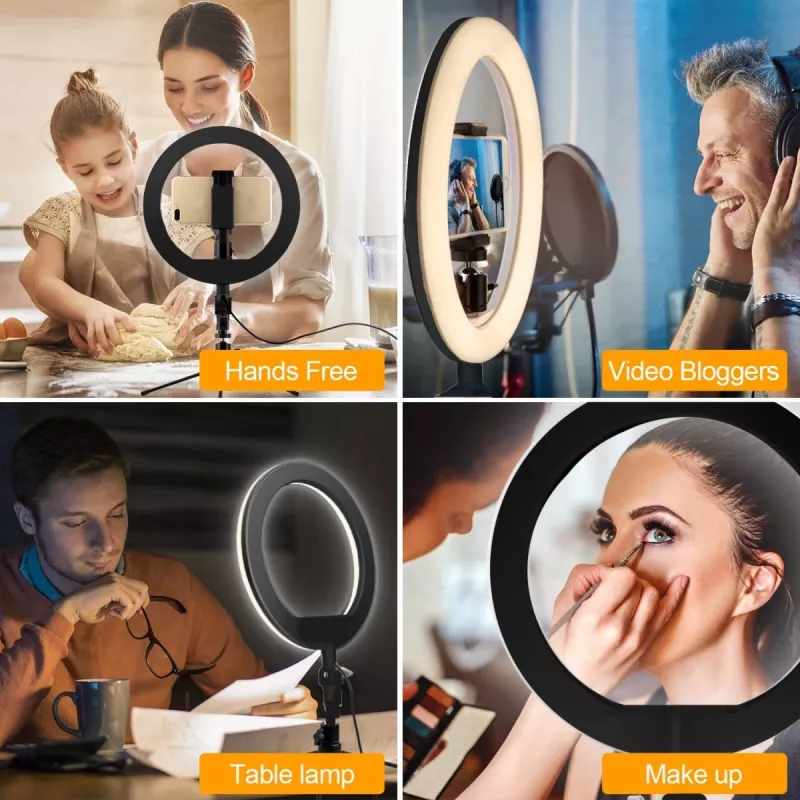 Maclean MCE610 10 Ring Light LED 12W con treppiede e trigger Bluetooth, 3 colori, 10 livelli di luminosità, luminosità regolabile 10% -100%, 160 LED, supporto smartphone, luce di illuminazione