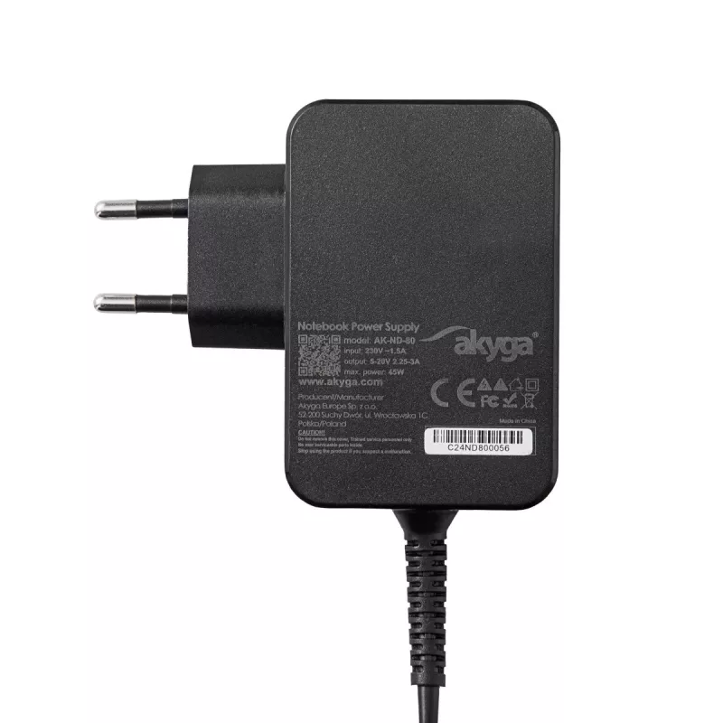 Alimentatore per notebook USB-C GaN Akyga AK-ND-81 65 W, PD 3.0, 5–20 V, cavo 1,8 m, nero