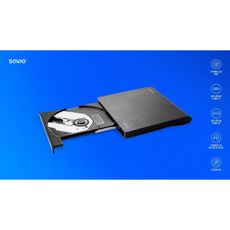 SAVIO AK-59 masterizzatore CD/DVD esterno sottile R/RW - USB-C/USB-A, nero