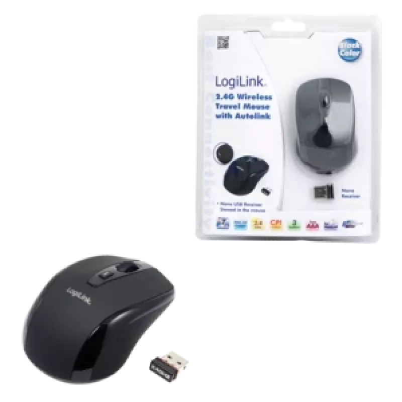 LogiLink Mouse ottico wireless 2,4 GHz Mini - Mouse - ottico - 3 tasti - wireless - 2,4 GHz - ricevitore wireless (USB) - Nero (ID0031)