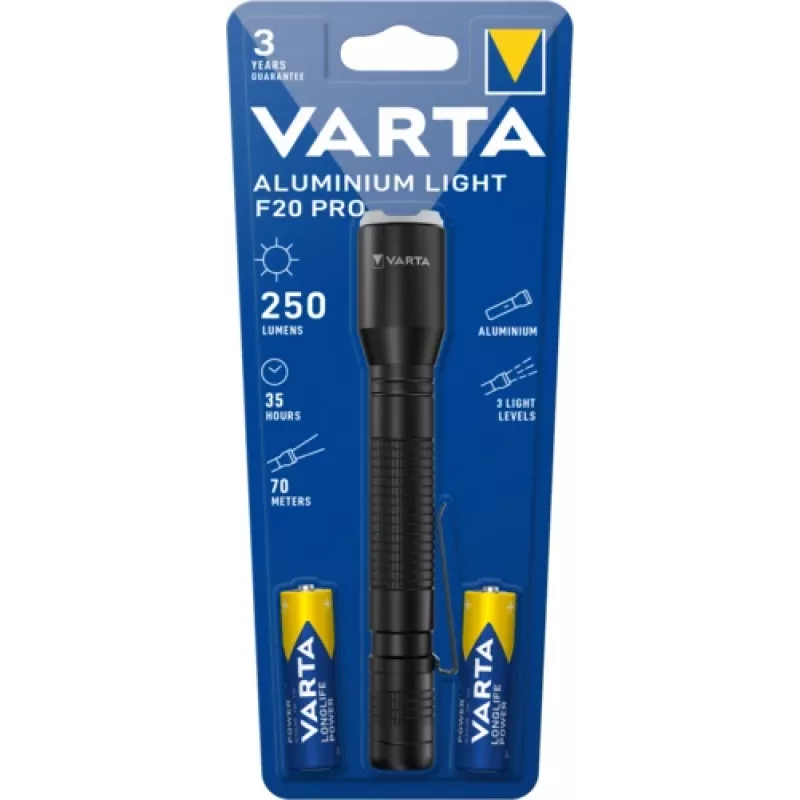 Varta 16607101421 Aluminium Light F20 Pro Torcia LED, 3 modalità di luce, nera