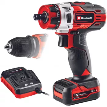 Einhell TE-CD 1. Design del prodotto: trapano a mano, tipo di mandrino: senza chiave. Numero di marce: 2, 20, velocità a vuoto (max): 1400 giri/min, Bohrdr