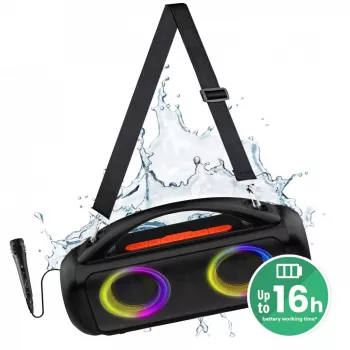 Altoparlante portatile MEDIA-TECH MT3184 — Bluetooth 5.3, 60W RMS, IPX5, batteria ricaricabile Li-Ion 16h, porta di ricarica USB-C, MicroSD, TWS, microfono, telecomando