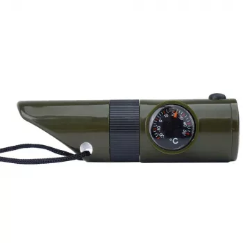 Fischietto multifunzione da sopravvivenza Mil-Tec SP.22073 — 6-in-1 verde oliva, bussola, termometro, specchio, lente, luce, 100×35×30 mm