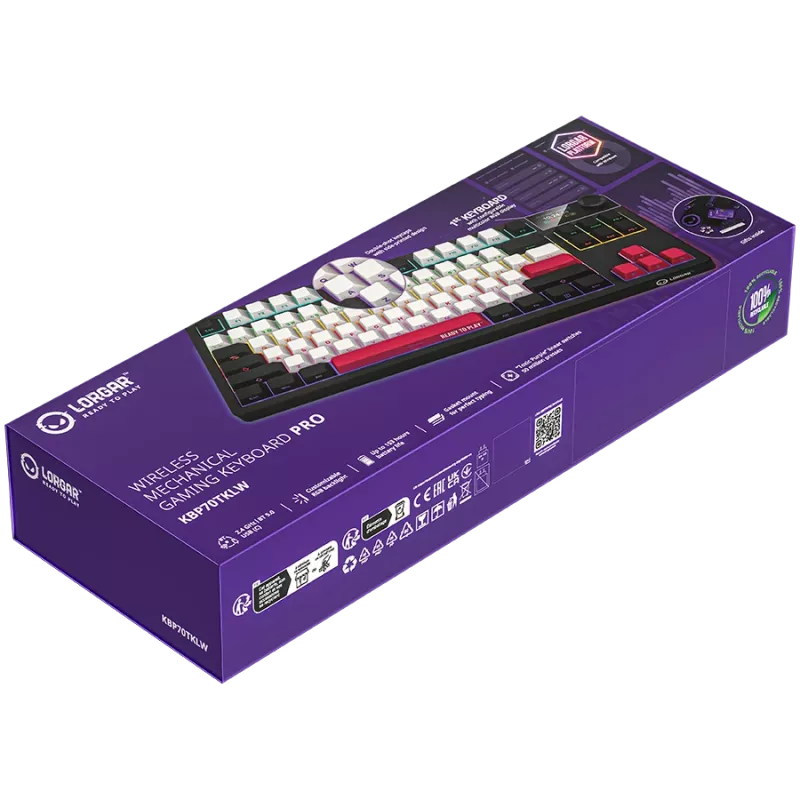 LORGAR KBP70TKLW, tastiera da gaming meccanica TKL wireless Pro, nero/rosso, layout EN