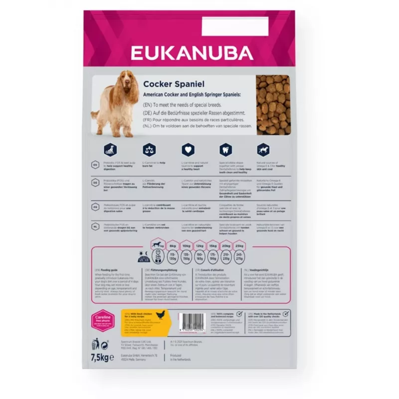 Crocchette per cani EUKANUBA Breed Specific Cocker Spaniel 7,5 kg — pollo, cani adulti, pelle e pelo, supporto cardiaco