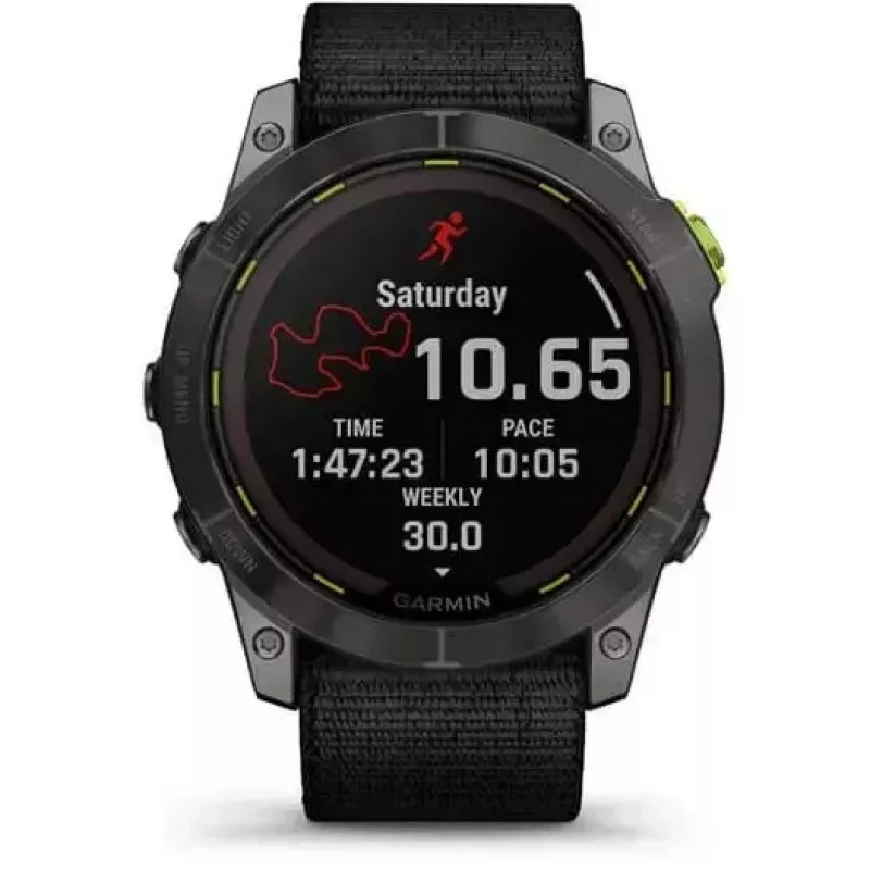 Orologio sportivo Garmin Enduro 2 Sapphire Solar 35 mm, schermo tattile MIP 1,4" 280 x 280, 32 GB, GPS, Wi-Fi, cassa in titanio DLC Carbon Grey, cinturino nero