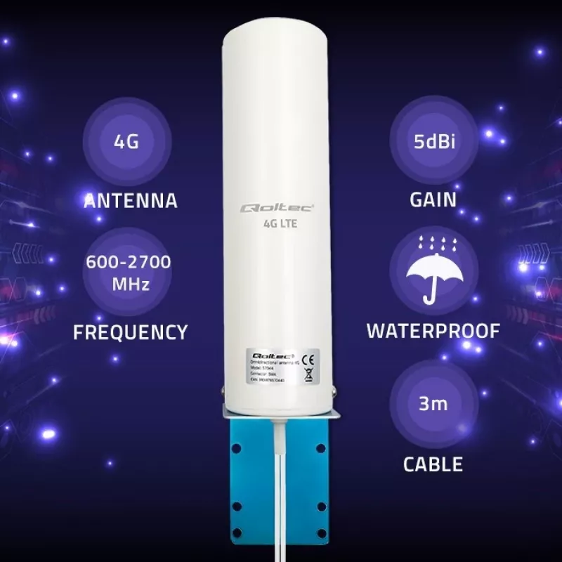 Antenna 4G LTE omnidirezionale per esterno QOLTEC 57044, 5 dBi, 600–2700 MHz, 50 W, 50 Ω, custodia in rame bianco