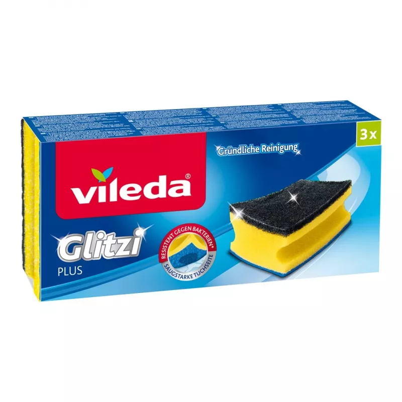 Spugna VILEDA rettangolare in fibra, lavaggio a mano, giallo/nero/blu, confezione da 3