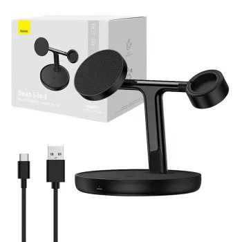 Baseus Swan stazione di ricarica magnetica senza fili 3-in-1 20W nera versione universale (incluso: USB Type-C 3A 1m)