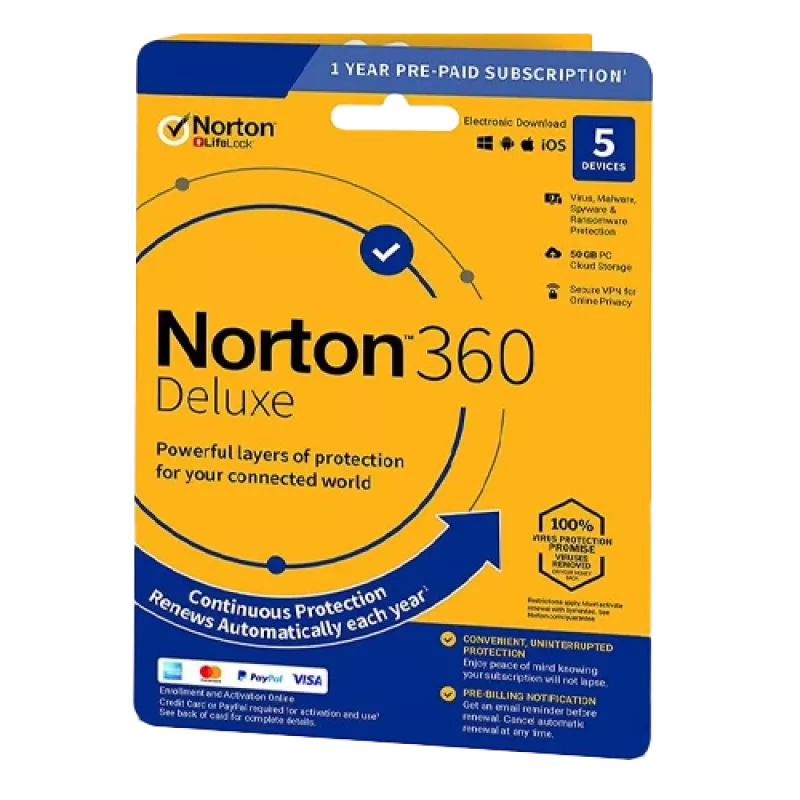 Norton 360 Deluxe | 5 dispositivi | 1 anno | 50 GB di spazio cloud | EU | NESSUN ABBONAMENTO |