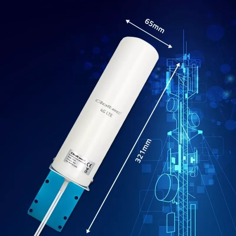 Antenna 4G LTE omnidirezionale per esterno QOLTEC 57044, 5 dBi, 600–2700 MHz, 50 W, 50 Ω, custodia in rame bianco