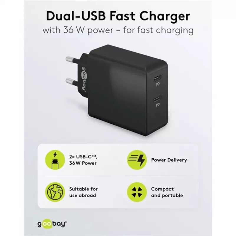 Caricabatterie da interno Goobay 61757 ricarica rapida USB Type-C 2 porte nero