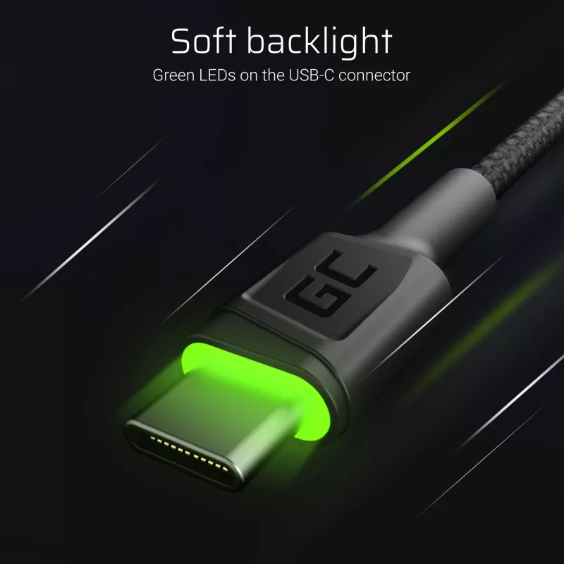 Green Cell Ray KABGCSET02 set di cavi da USB-A a USB-C (3 pz.), 1,2 m, 480 Mbps, retroilluminazione LED verde