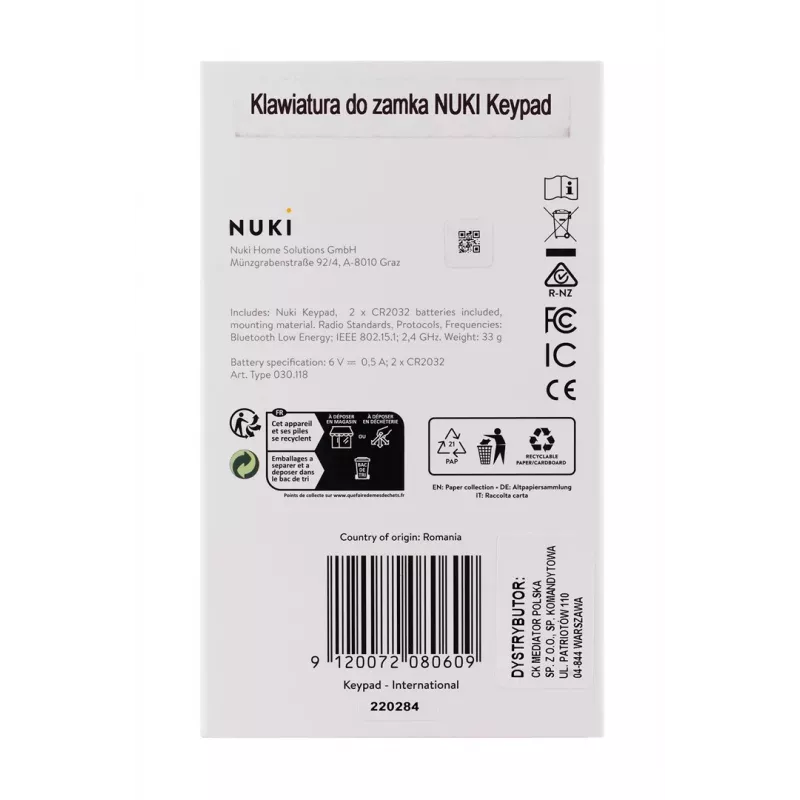 Serratura smart NUKI — Bluetooth (5.0) IP65 tastierino CR2032 batterie incluse