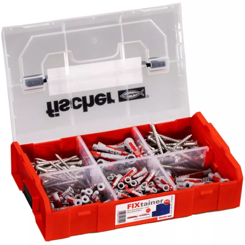 FixTainer - DUOPOWER & DUOSEAL + viti, tasselli grigio chiaro/rosso, 275 pezzi
