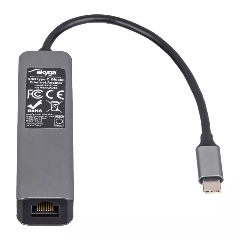 Hub USB-C Akyga AK-AD-66 con 3x USB 3.0 e Gigabit Ethernet, 15 cm, nero