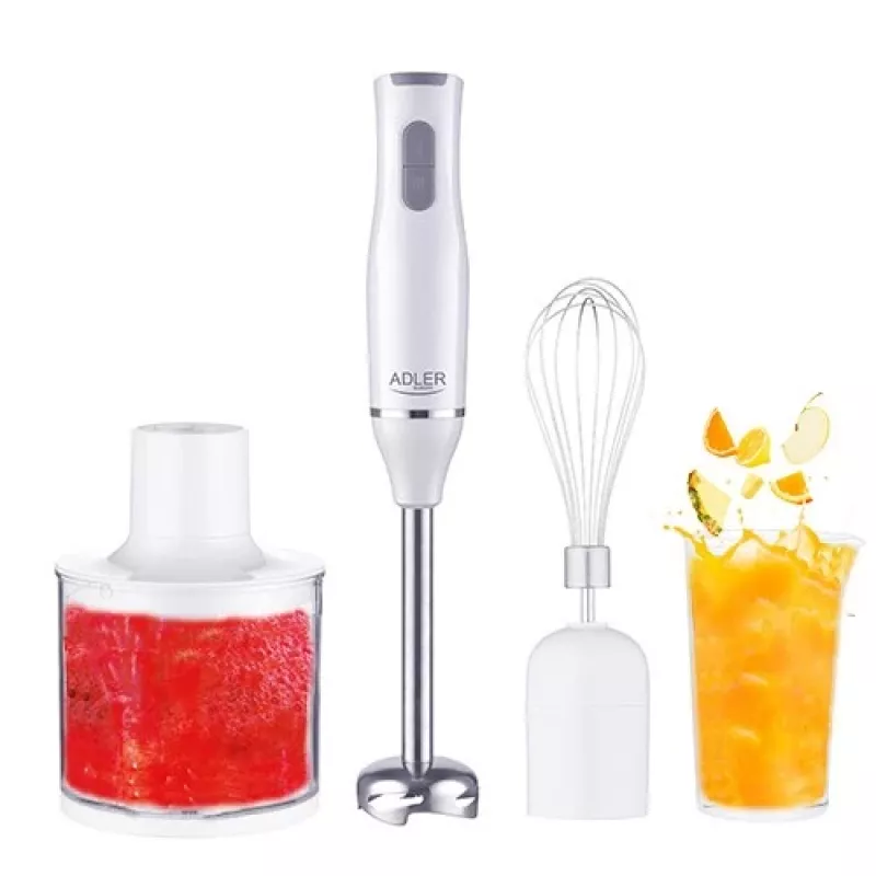 Adler AD 4620 set frullatore a immersione, 800 W, 2 velocità, tritatutto da 450 ml, bicchiere da 750 ml, frusta, bianco