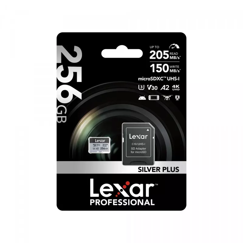 Scheda di memoria microSD 256GB C10 A2 U3 V30 205/150MB/s Silver Plus