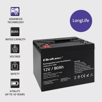Qoltec Accumulatore AGM | 12V | 80Ah | 23,5kg | Bezobsługowy | Mocny | LongLife | per UPS, camper, barca, stufa