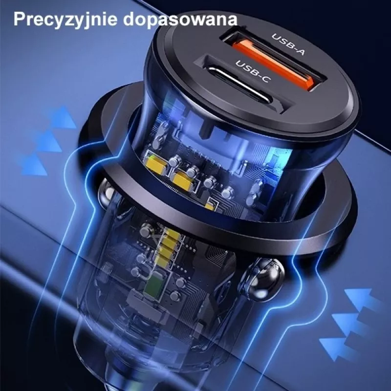 Caricabatterie da auto usams CC164CC01 30W con 1×USB-A e 1×USB-C per ricarica rapida