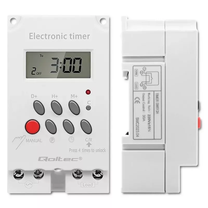Timer elettronico per guida DIN QOLTEC PC0629 — alimentazione 24V, uscita 16A
