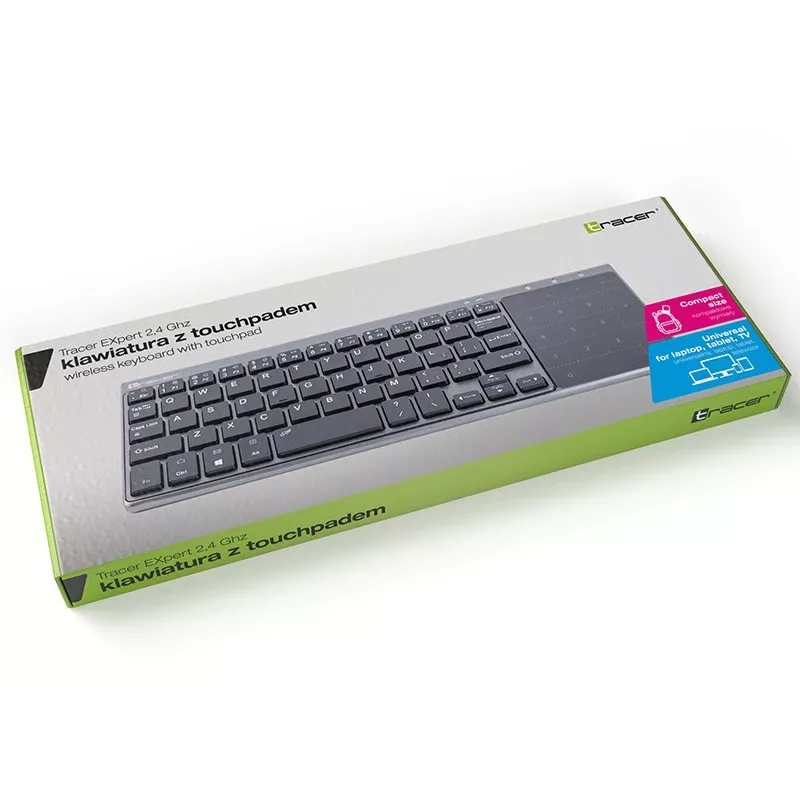Tracer EXpert RF è una tastiera wireless ergonomica a grandezza naturale con layout QWERTY, tasti a membrana e un design sottile nero-grigio. Progettata per l'uso domestico e in ufficio, combina un touchpad integrato e tasti multimediali con una connessione wireless a 2,4 GHz per offrire una soluzione di input compatta per TV, console, notebook e PC classici.