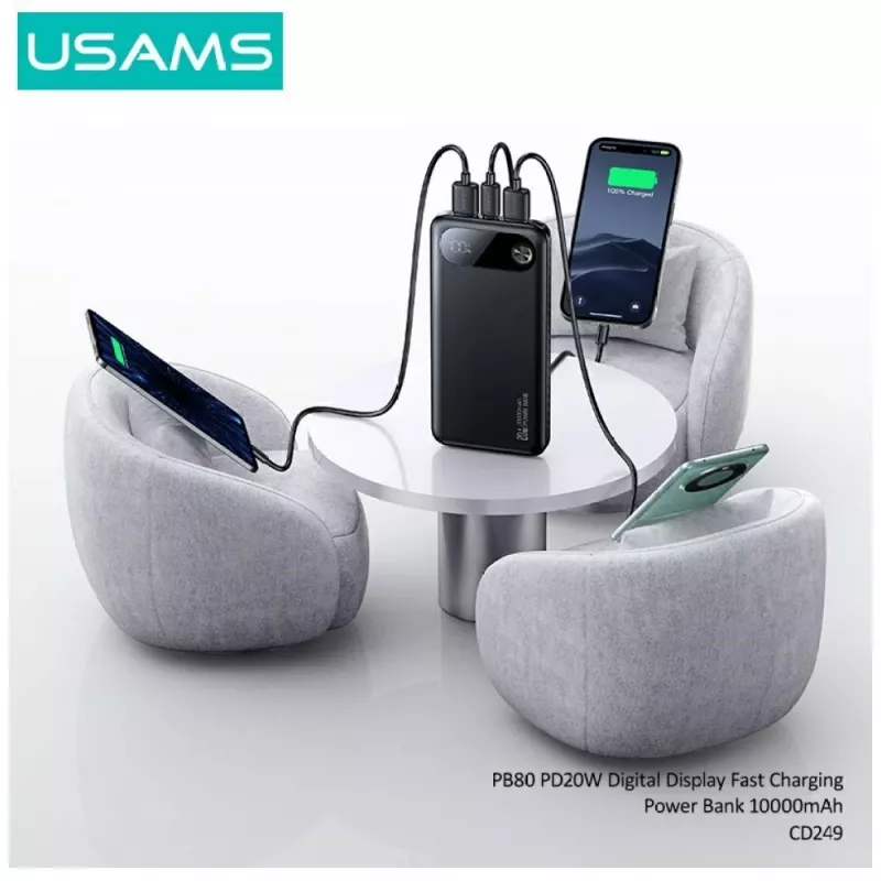 Powerbank usams PB80 PD20W 10000mAh — caricabatterie portatile, nero