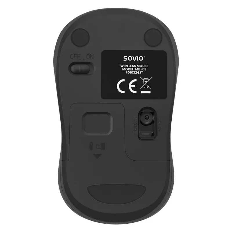 Savio MB-03 mouse ottico wireless, ricevitore USB 2,4 GHz, 1000 DPI, 3 pulsanti, batteria AA, 99x60x39 mm, 51 g, nero