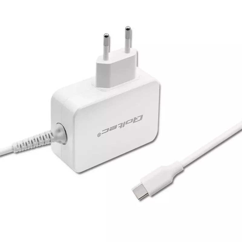 Qoltec 51039 alimentatore 65 W USB-C PD, 5–20,3 V, 2–3,25 A, cavo USB-C integrato, bianco