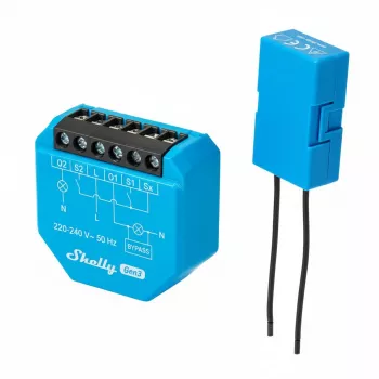 Relè doppio per montaggio su guida DIN Shelly 2L Gen3, 2 canali, Wi‑Fi/Bluetooth, 220–240V AC, 50Hz, custodia in plastica