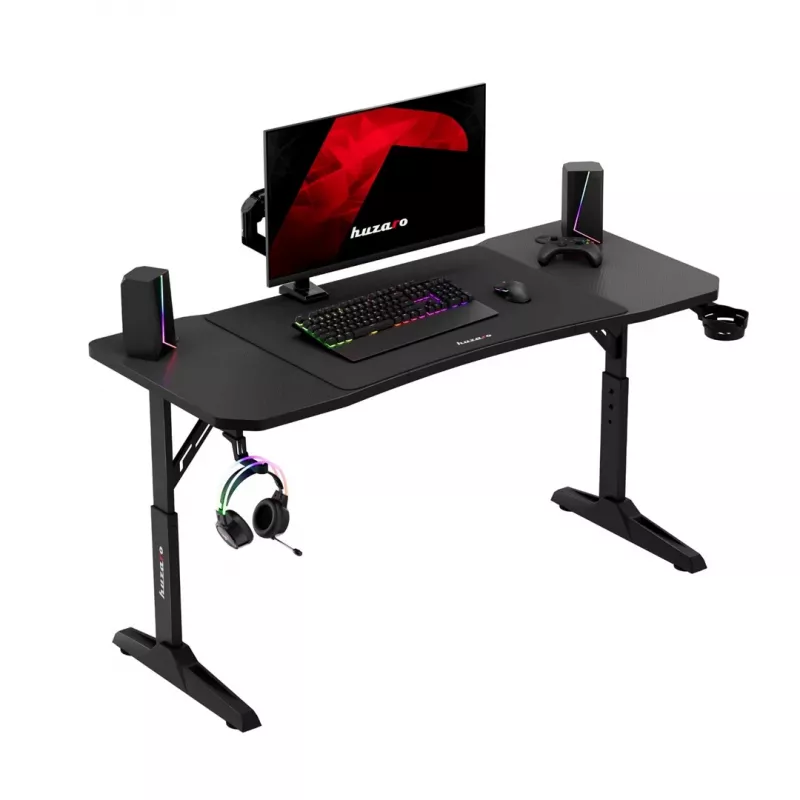 Scrivania da gaming huzaro Hero 3.6 — rettangolare 1400×600 mm, regolabile in altezza 560–790 mm, nero, gambe a H, piano da 15 mm
