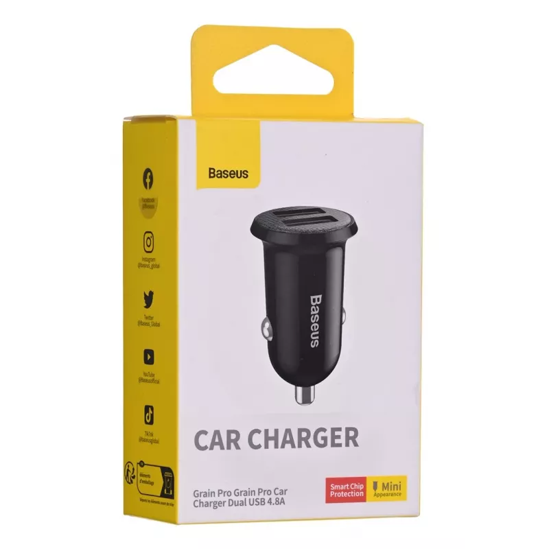 Caricabatterie da auto Baseus Gain Pro universale nero – 2× USB 2.0, 2,4 A per porta, ingresso 12–24 V, uscita 5 V
