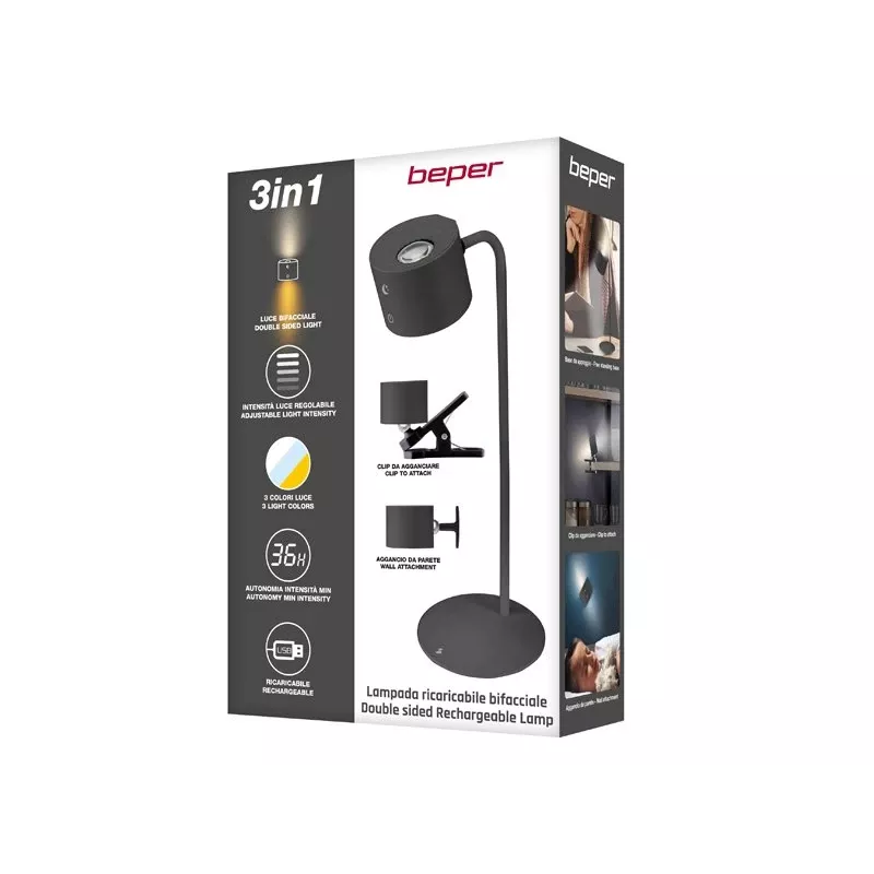 Beper P201UTP304 lampada LED ricaricabile con base magnetica, clip e supporto a parete, 2,3 W, dimmerabile, nera