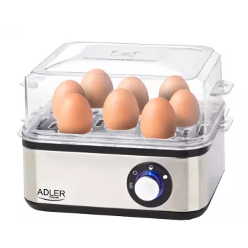 Cuociuova Adler AD 4486 — capacità per 8 uova, 800 W, acciaio satinato nero con coperchio trasparente